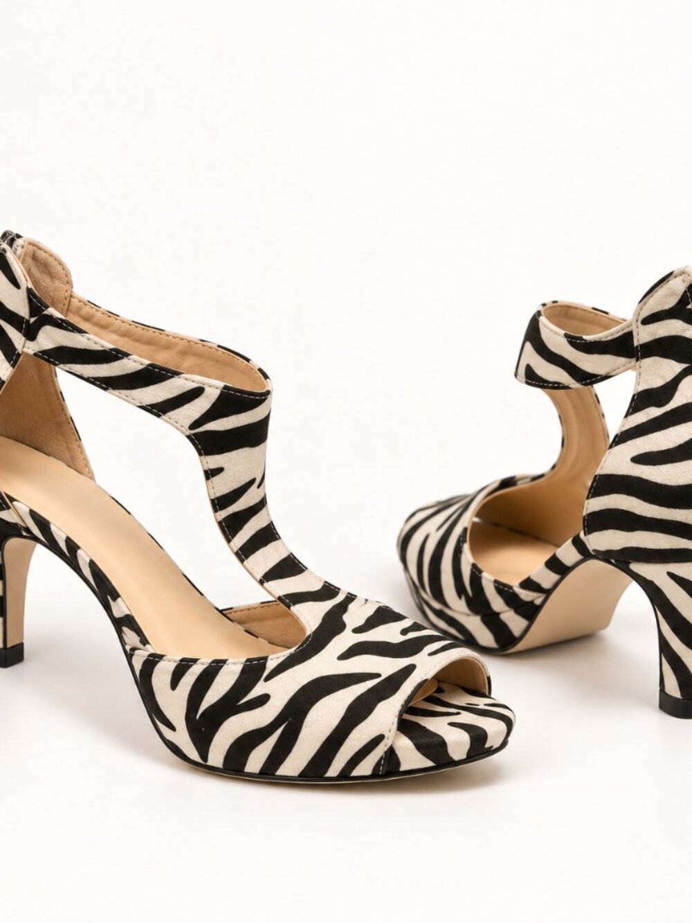 Zebra Print T-Strap Peep Toe Heels Women's EU 43 / US 12